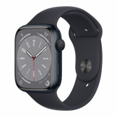 Apple Watch Series 8, 45 мм корпус из алюминия цвета «Тёмная ночь», спортивный ремешок цвета «Тёмная ночь»
