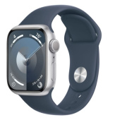 Apple Watch Series 9, 45 мм, корпус из алюминия серебристого цвета, спортивный ремешок цвета «грозовой синий», размер S/M
