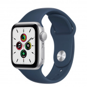 Apple Watch SE, 40 мм, корпус из алюминия ,серебристого цвета, синий спортивный ремешок