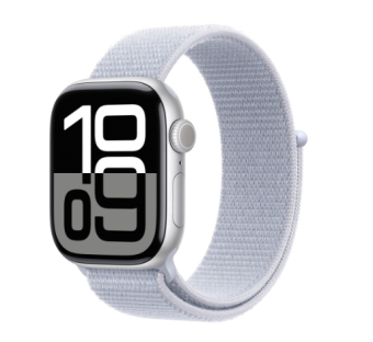 Apple Watch Series 10, 42 мм, корпус из алюминия серебристого цвета, спортивный ремешок цвета «синий деним» M/L