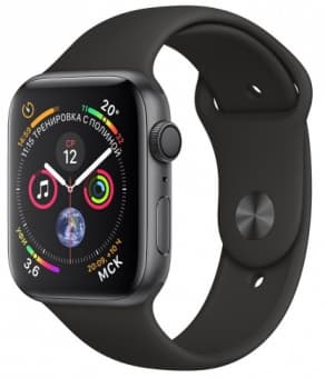 Apple Watch Series 4, 40 мм, корпус из алюминия цвета «серый космос», спортивный ремешок черного цвета