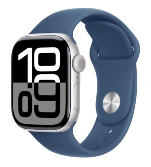 Apple Watch Series 10, 42 мм, корпус из алюминия серебристого цвета, спортивный браслет дымчато-голубого цвета